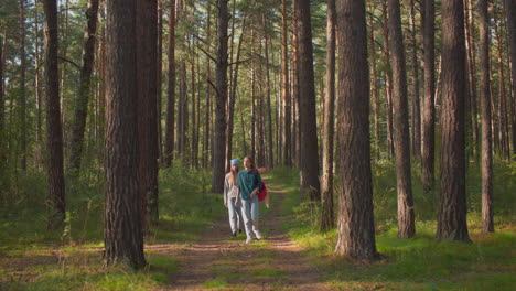 two friends walking through peaceful forest surrounded by tall trees, one wears blue scarf and follows behind, while other in green top leads with red backpack draped with handkerchief