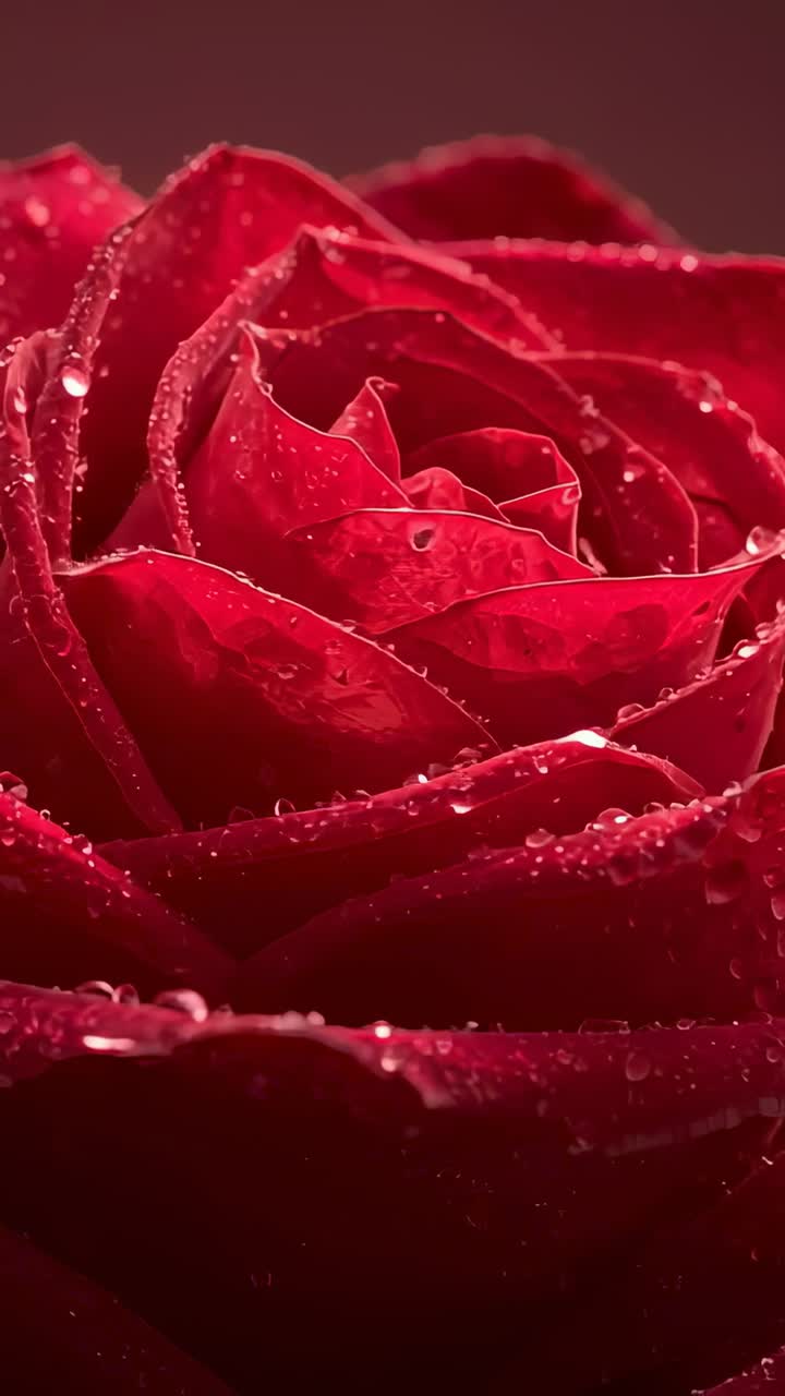 Video verticale: la camera mette a fuoco e si avvicina a una rosa rossa in studio, mostrando le goccioline