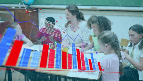 animation of data processing and diagram over diverse school children learning in classroom