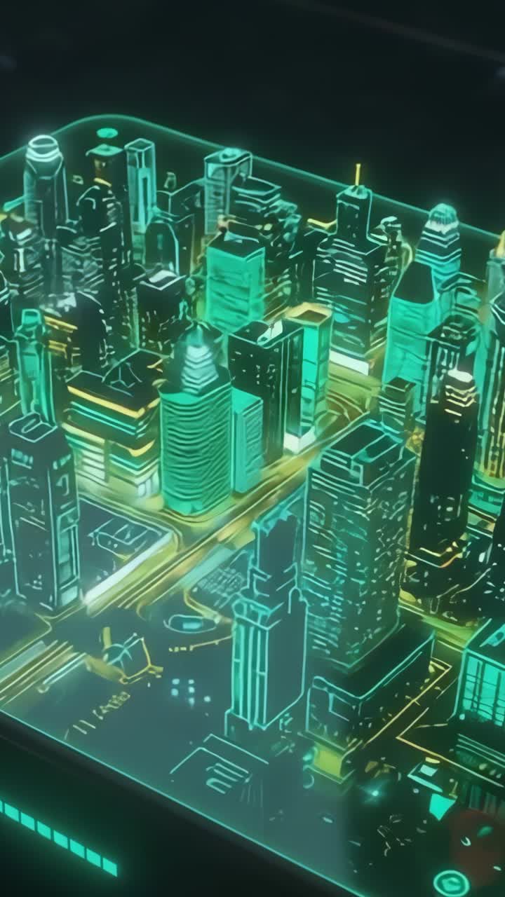Vertical video: Projecting neon city model rising, pulsing on platform with glowing road network