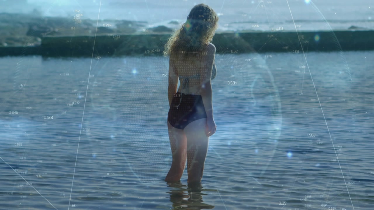 Translucent overlay drifting, woman shifting and stepping right, rippling water, observing horizon