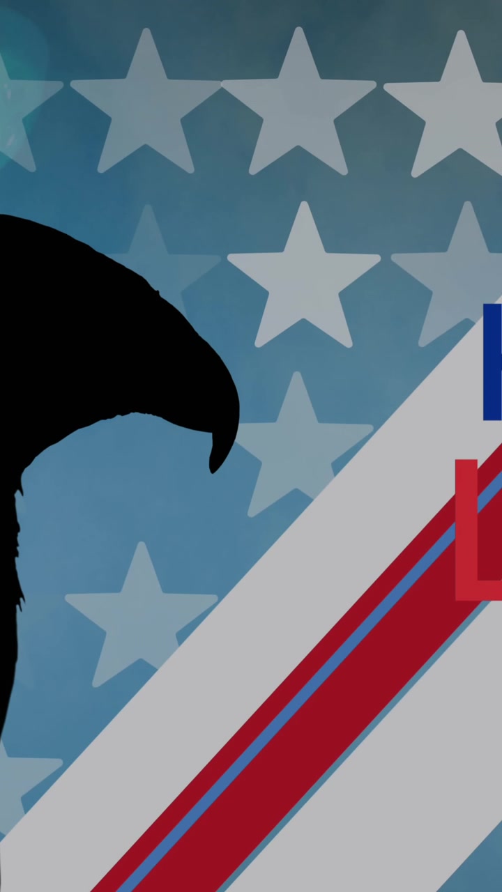 Animação de texto "Feliz Dia do Trabalho" e ferramentas, com silhueta de águia sobre elementos da bandeira americana.