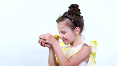 retrato, una niña muy linda juega con un pequeño pato amarillo. video de estudio sobre fondo blanco