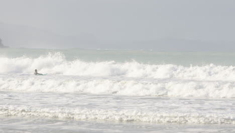 una foto panorámica de un surfista nadando en el mar en castle point, nueva zelanda