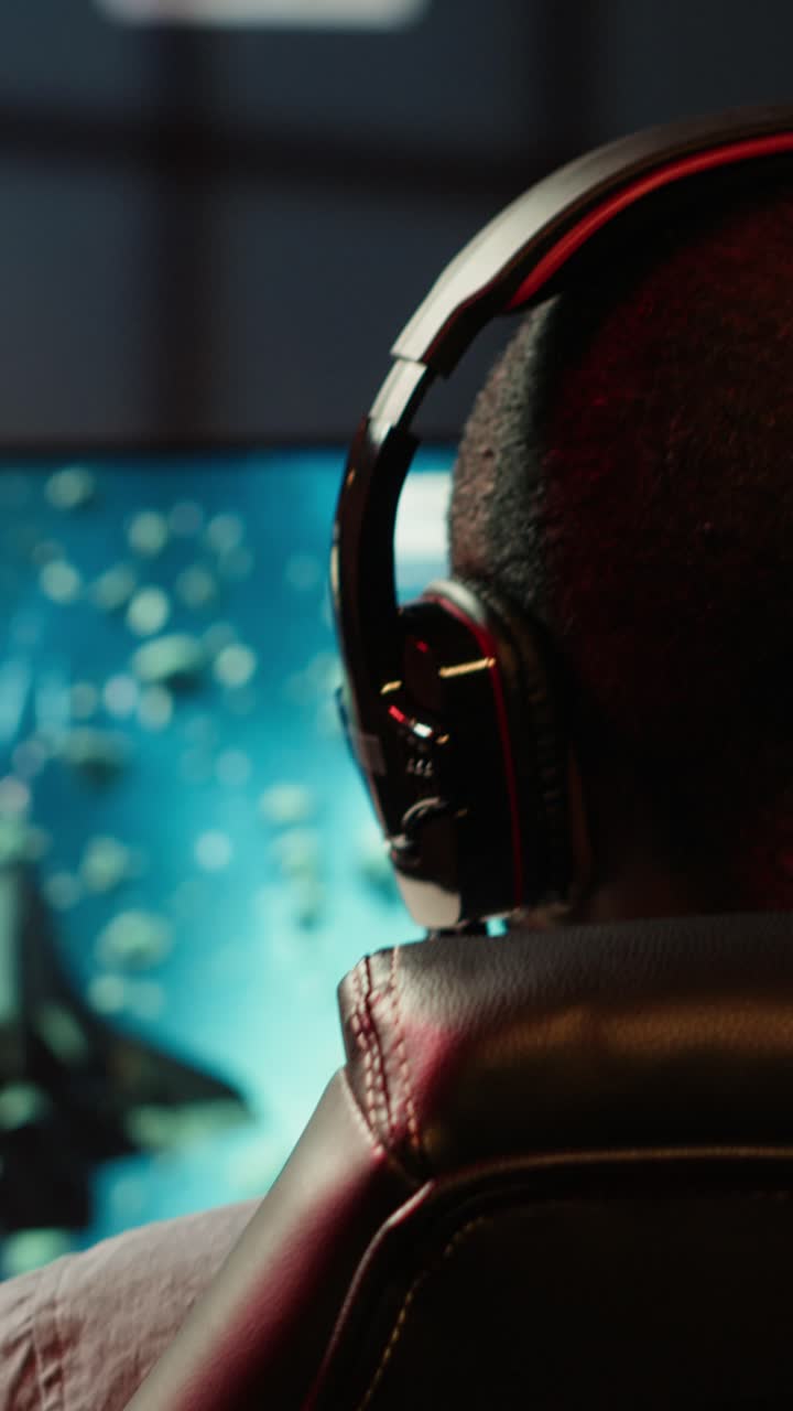 Vertical video Gamer navigating universe in simulation game, close up