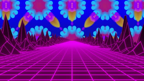 Animation of vibrant geometric shapes in futuristic neon landscape with grid pattern
