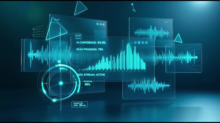 Futuristisk digitalt grensesnitt som viser biometriske data og AI-analyse