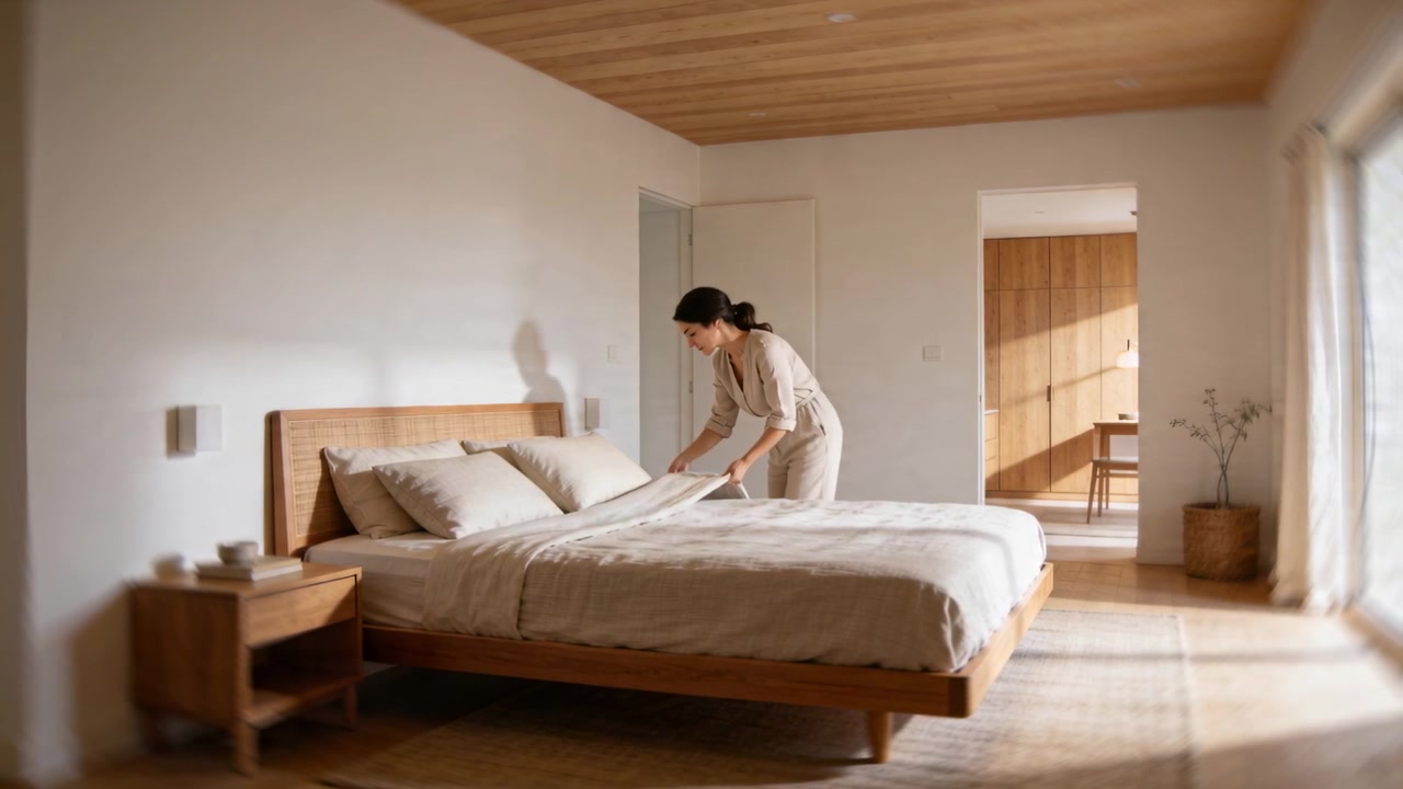 Luce calda che entra in una camera da letto minimale, spingendo una donna in color cuoio a sistemare i cuscini e a lisciare la coperta, con spazio per il testo.