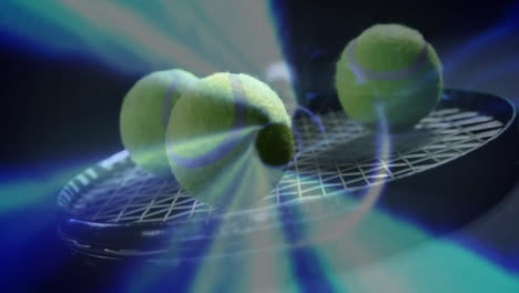 tennis balls being illuminated, levitating above racket strings with blue teal beams in 3d render