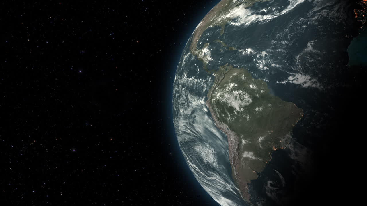 compuesto cgi: planeta tierra girando, pantalla a la derecha, medio iluminado con un fondo estrellado