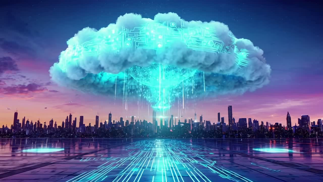 Futuristic cityscape with a digital cloud above, viewed from a low angle