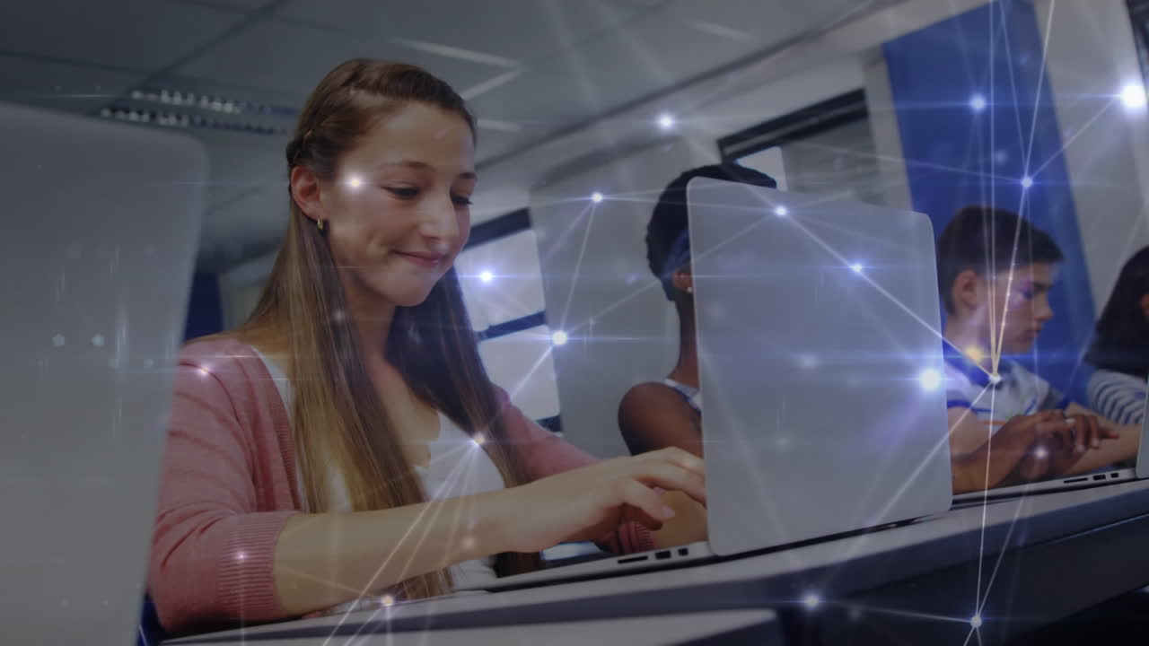 Animation of connected dots over multiracial students typing on keyboard in computer laboratory