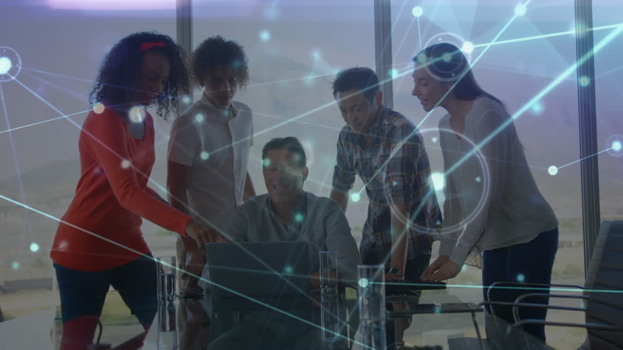 Animation of network of connections over diverse female and male coworkers in office