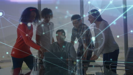 animation of network of connections over diverse female and male coworkers in office