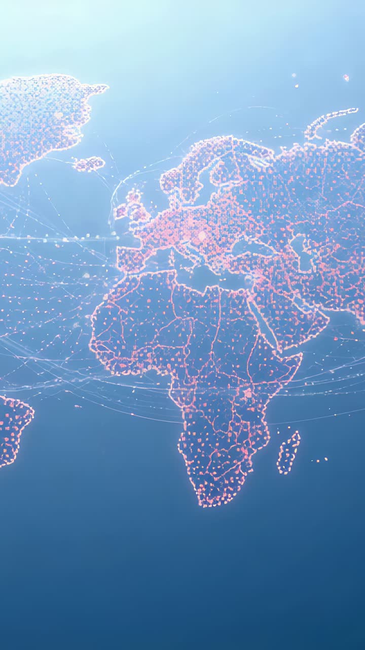 Vertical video: Playback starting, stylized map pulsing pink nodes and arcs on globe, showing links