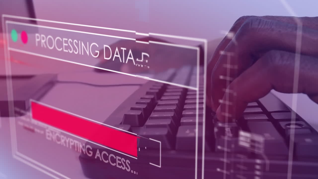 Animation of data processing over hands of african american businessman typing on keyboard