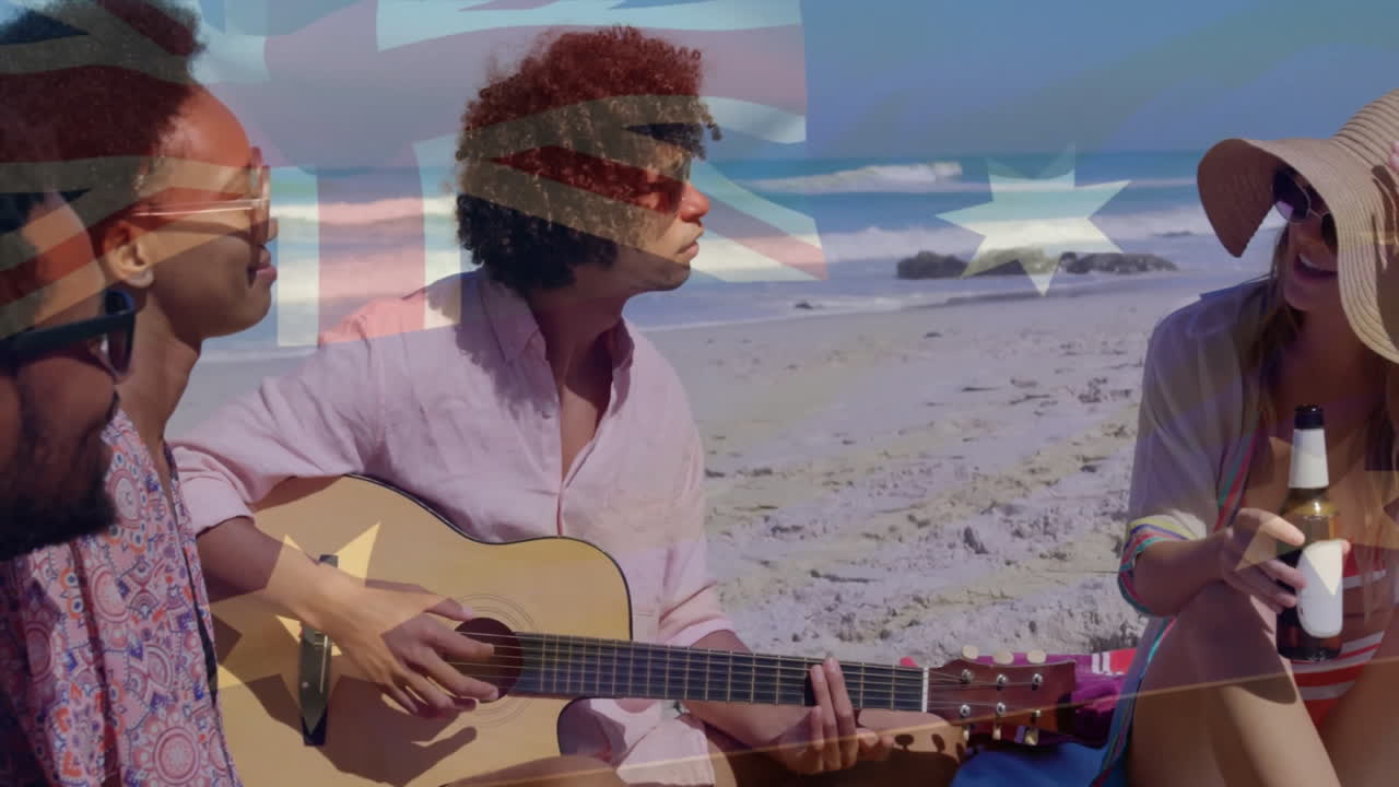 Playing guitar and holding drinks, people at beach with Australian flag animation