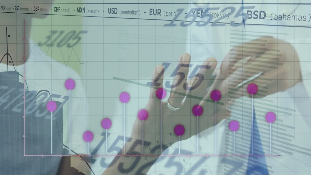 animación del procesamiento de datos sobre diversas mujeres médicas y pacientes masculinos en el hospital
