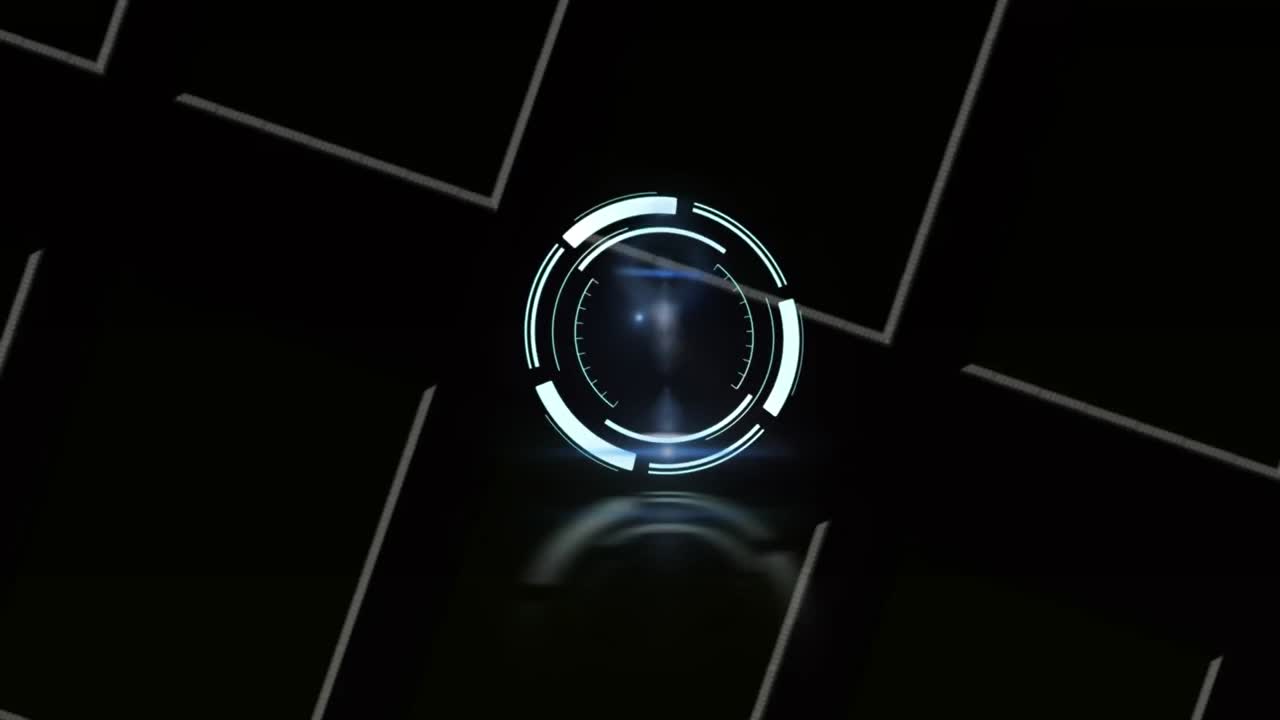 animación digital de escáner redondo de neón contra líneas blancas sobre fondo negro