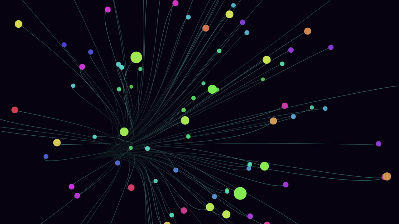 The image depicts a circular network diagram with multi-colored dots connected by lines, showcasing various connections and interactions between different elements within the network