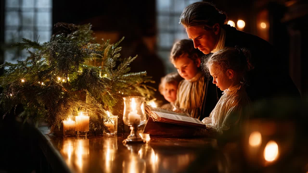 In a warm, dimly lit room, a father reads a story to his attentive children gathered around a festive table adorned with candles and evergreens, embodying the spirit of family and tradition