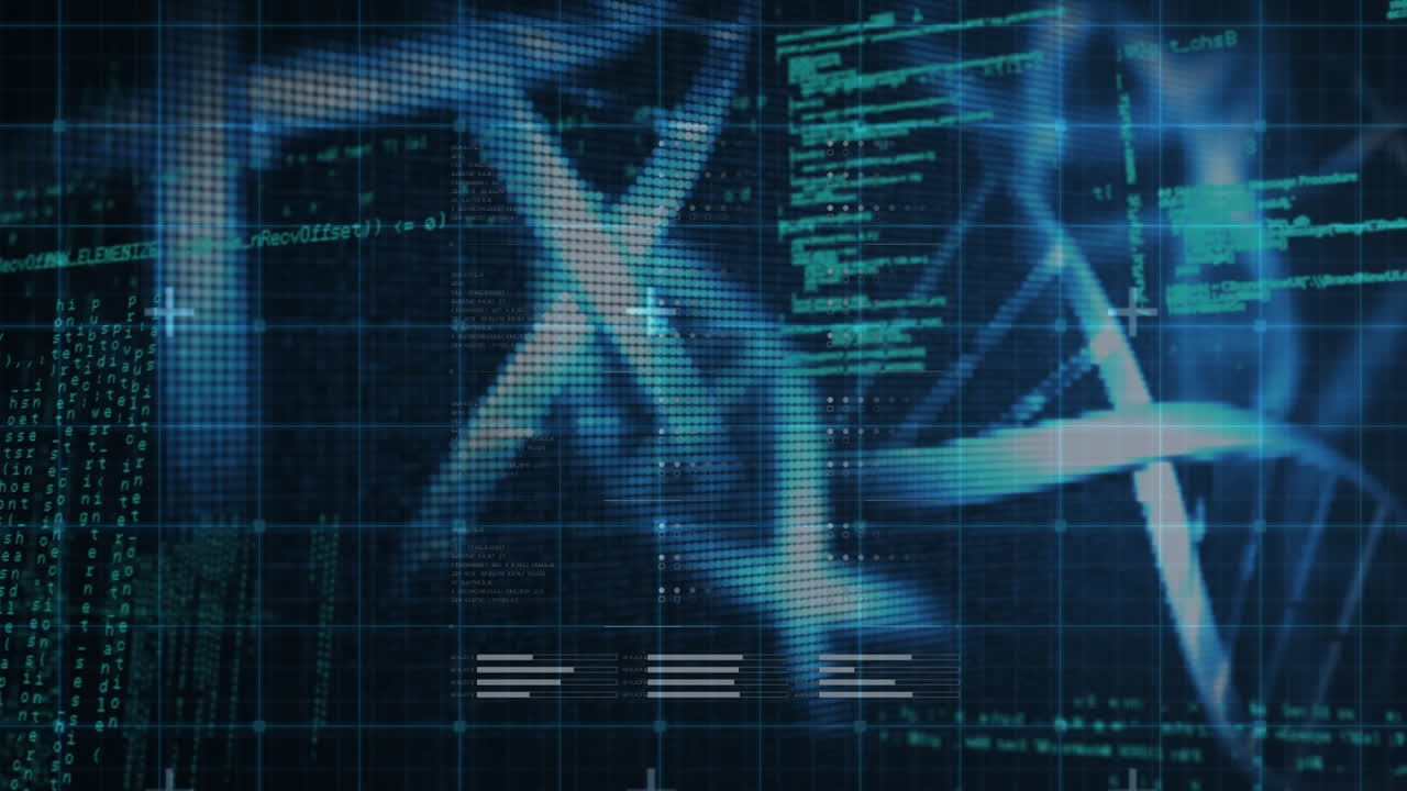 Animation of data processing over dna strands spinning