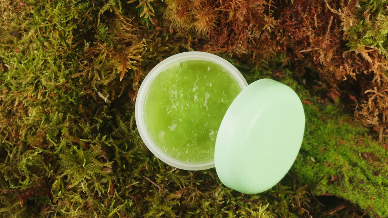 Bottle of cosmetics cream serum on moss forest background green leaves. Woman Make up healthy natural products.