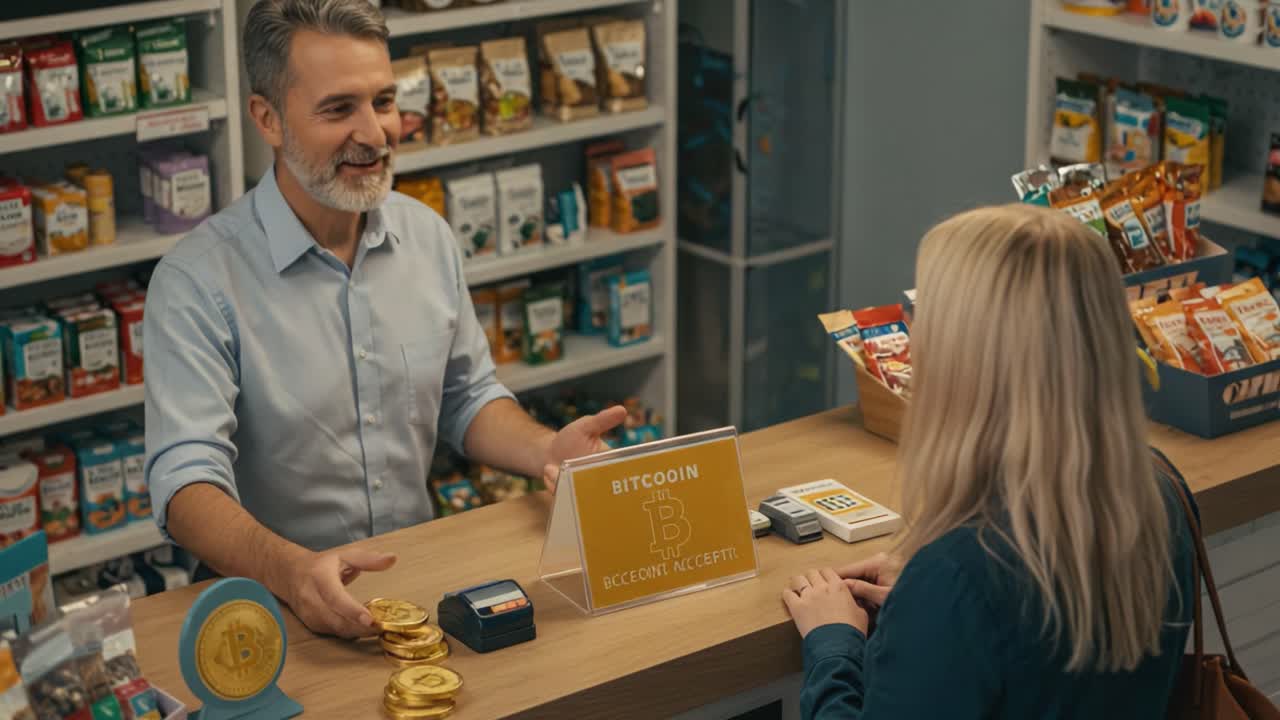 A Modern Retail Experience: Customer Interacts with Store Clerk Discussing Bitcoin Payments, Surrounded by Snacks and Beverages