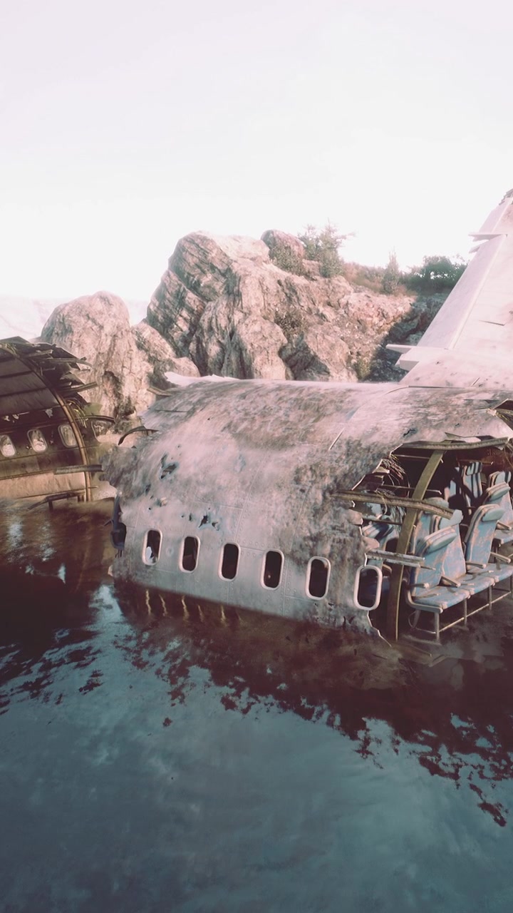 Une vieille épave d'avion gît dans l'eau près d'un rivage rocheux pendant la journée.