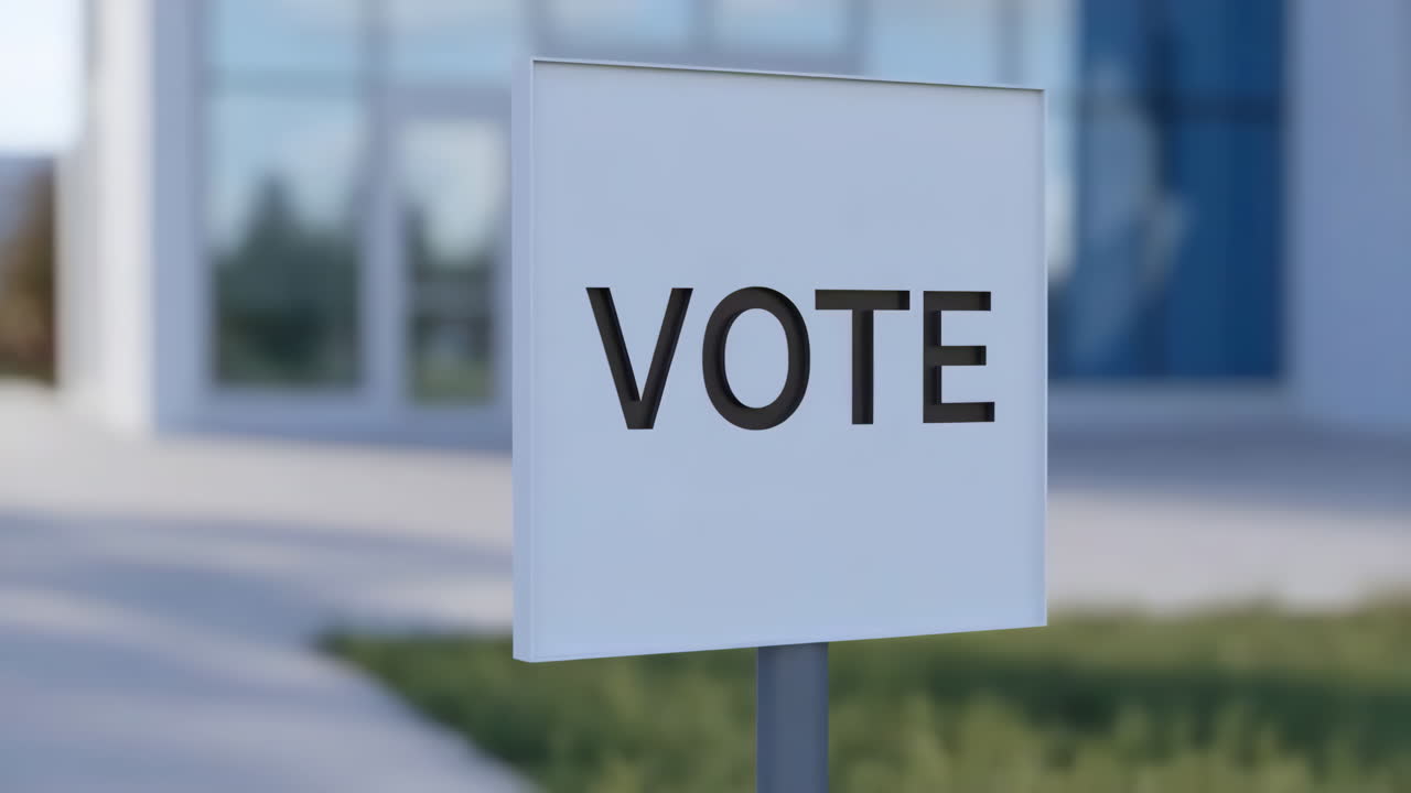 A 'VOTE' sign displayed in front of a modern building, encouraging participation in an election
