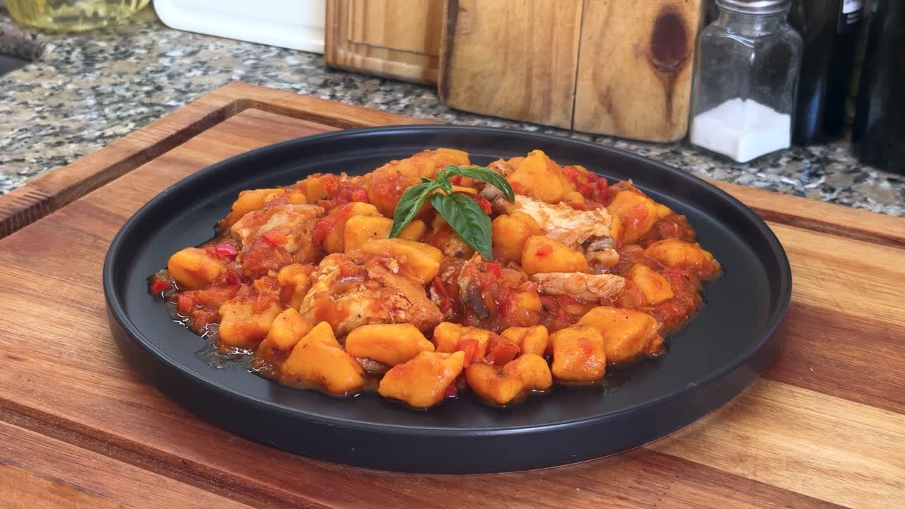 Homemade Pumpkin Gnocchi Served With Tender Chicken in a Rich Tomato Sauce - Close Up