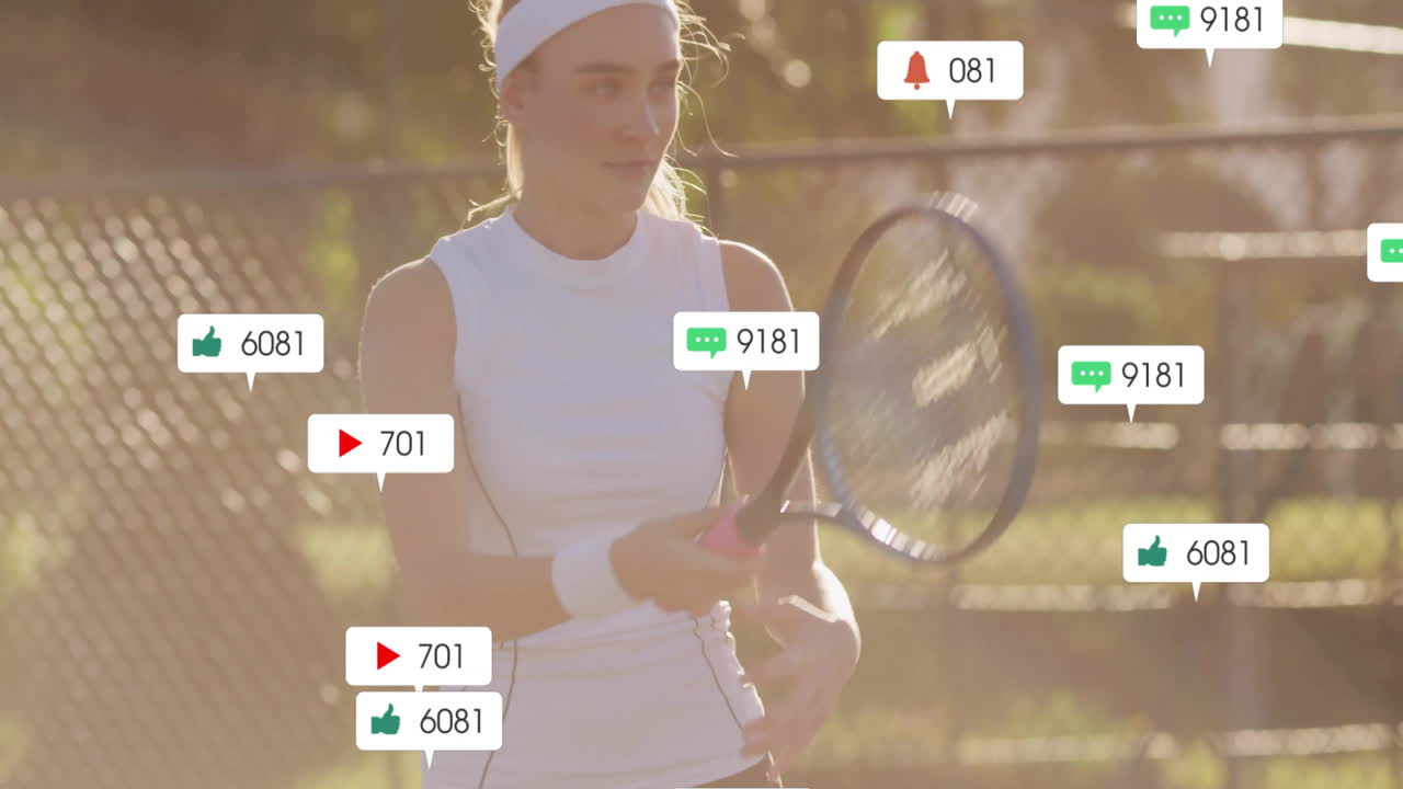 woman swinging tennis racket on court, showcasing digital marketing with floating engagement icons