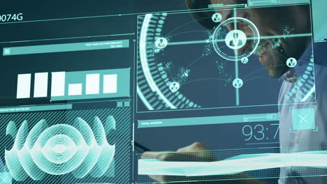 animation of scope scanning and data processing over man using laptop