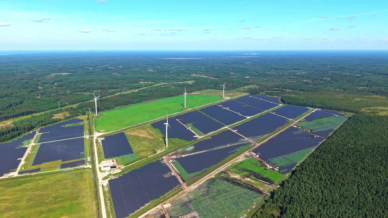 Solar and Wind Renewable Energy Farm Aerial View