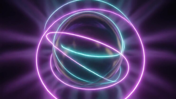 Anéis de Néon Brilhantes Abstratos Girando em Torno de uma Esfera Metálica