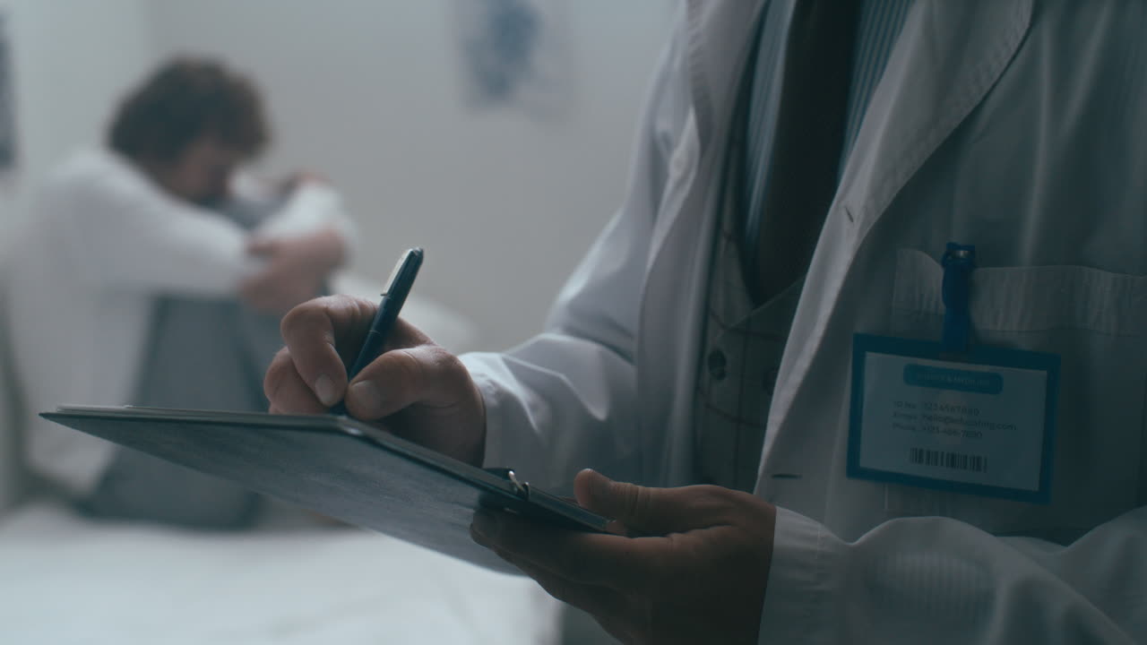 Psychiatrist Writing Notes in Hospital Ward with Distressed Patient Behind