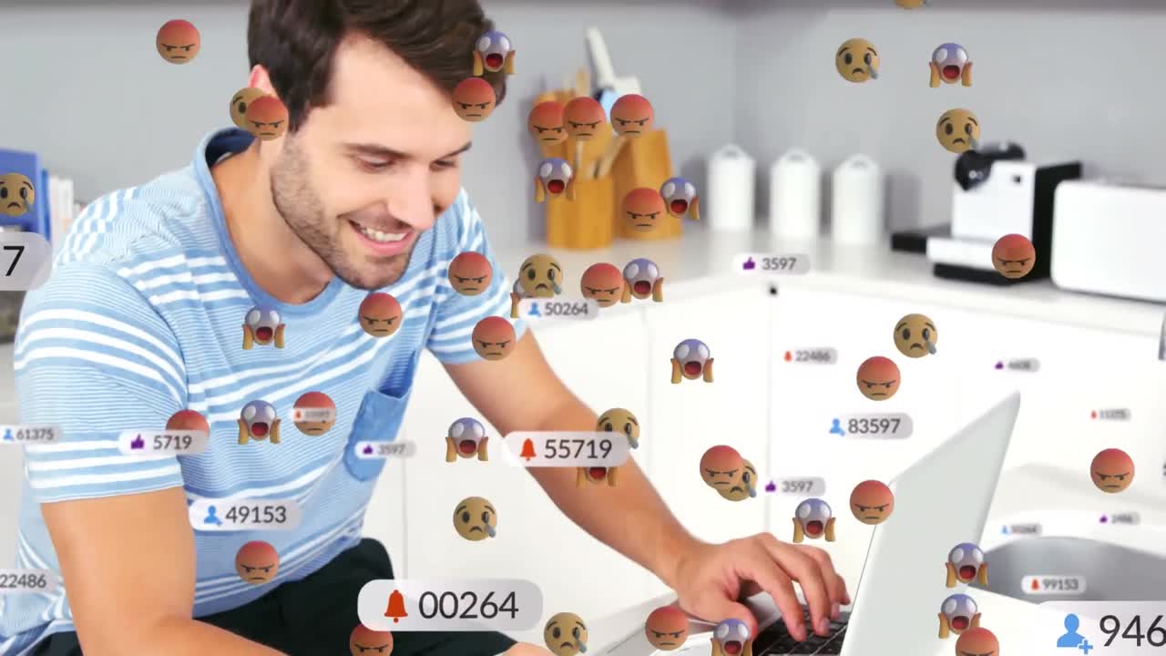 animación de iconos de las redes sociales sobre un hombre que usa un teléfono inteligente