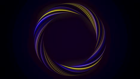 anillo brillante abstracto de fibra de torsión con colores parpadeantes aislados en fondo negro. animación. círculo de color amarillo y azul brillante, bucle sin costuras