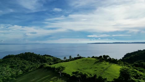 breathtaking aerial view of bird flying revealing stunning island hills, palm trees, pristine ocean bay and cloudscape of catanduanes, philippines