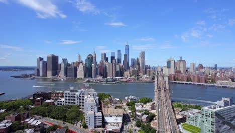 September-2021---4K-aerial-of-lower-Manhattan-from-the-East-River,-NYC,-USA