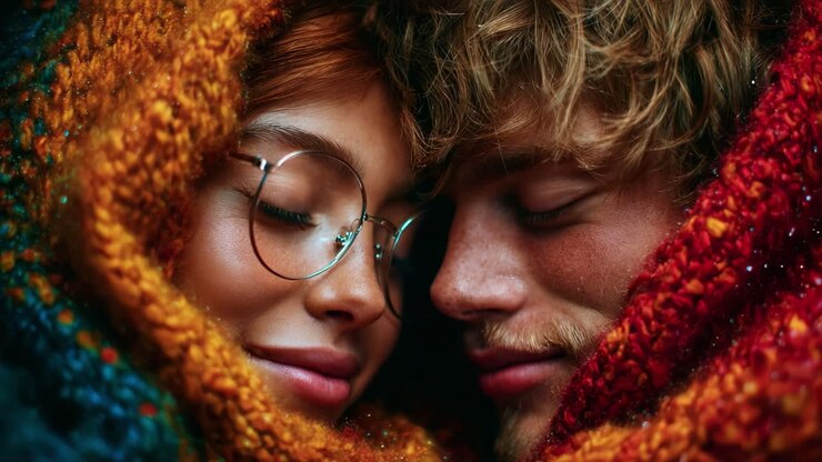 A Cozy Embrace: Two Individuals Find Warmth and Connection Wrapped in Vibrant Blankets, Sharing a Moment of Intimacy and Joy in a Beautifully Captured Scene