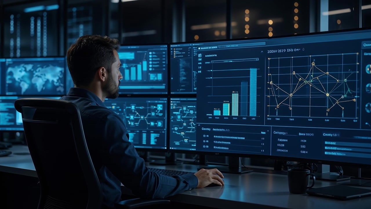 Cyber security professional monitoring global data networks on multiple large screens in a dark control room