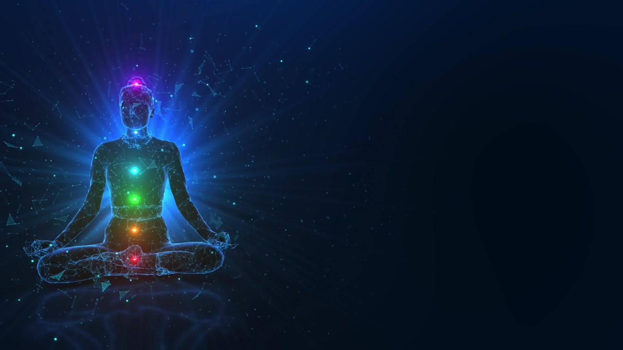 Donna che medita punti energetici dei chakra corpo digitale figura in meditazione punti chakra luminosi struttura