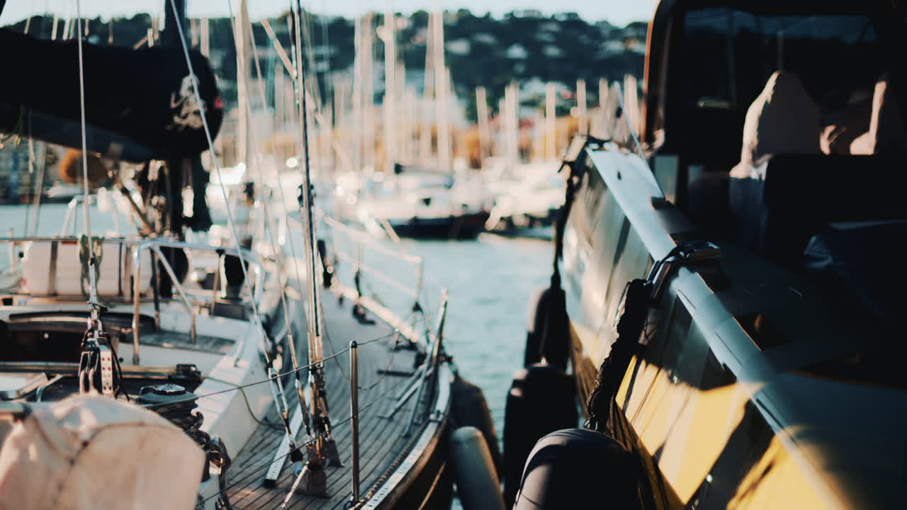 Close view of yachts and sailboats docked side by side in a scenic marina during golden hour