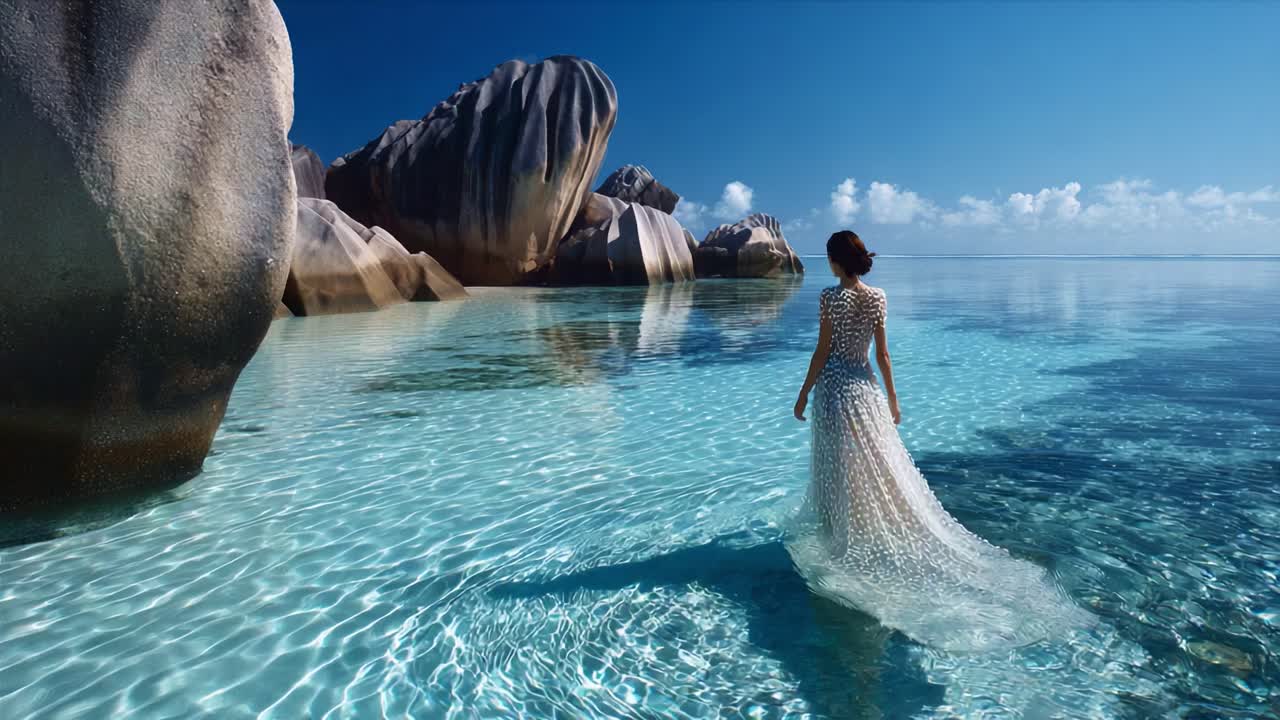 A serene scene of a woman in a flowing gown gracefully walking through the crystal-clear waters of a tropical paradise, surrounded by stunning rock formations under a bright blue sky