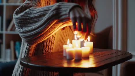 woman lighting candles in cozy home