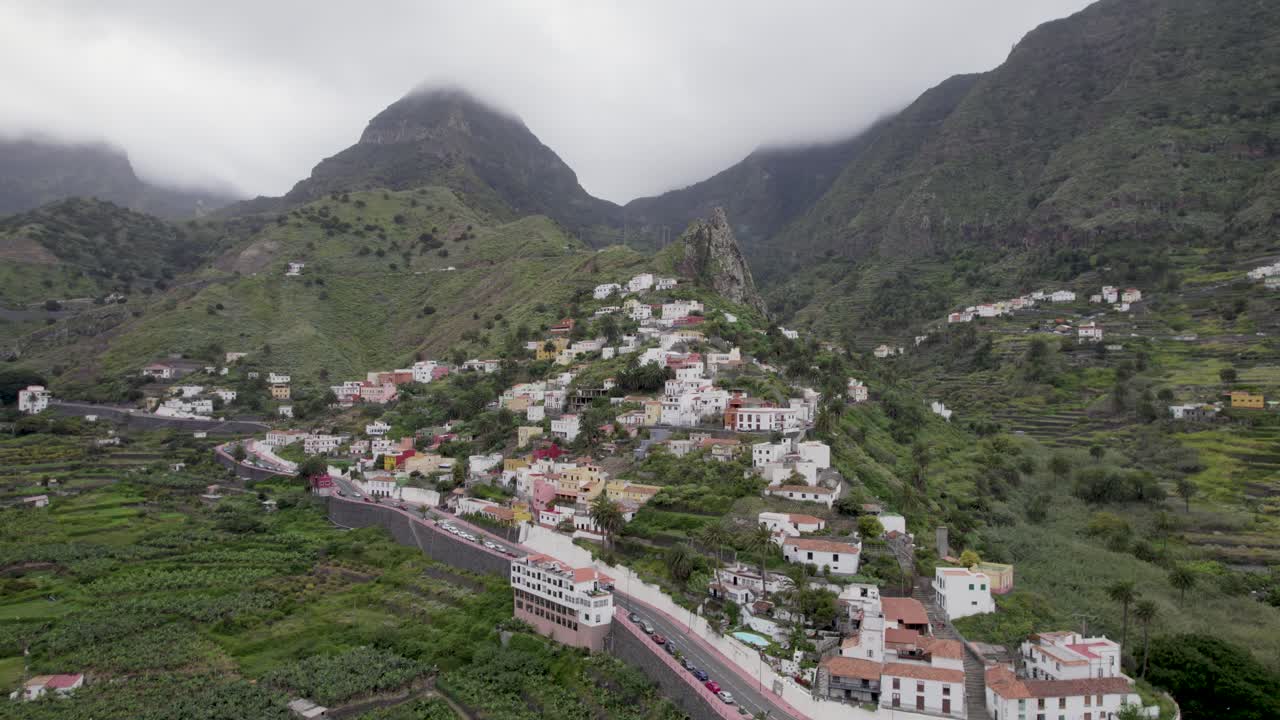 Panoramic drone view of Hermigua in Santa Cruz de Tenerife near the Roques Pedro y Petra