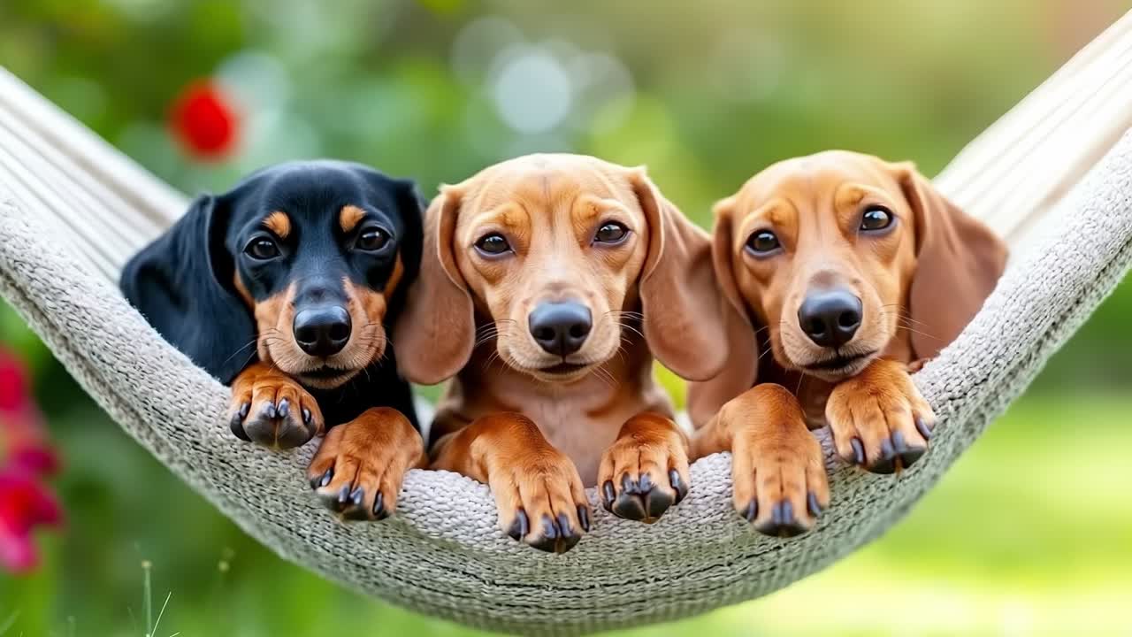 Three dachshunds are sitting in a hammock in the grass