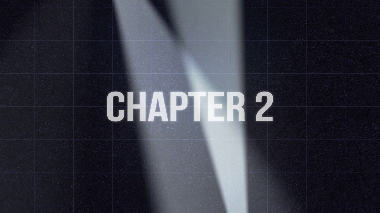 Dramatic chapter 2 title reveal animation with scanning spotlights on a dark textured background.