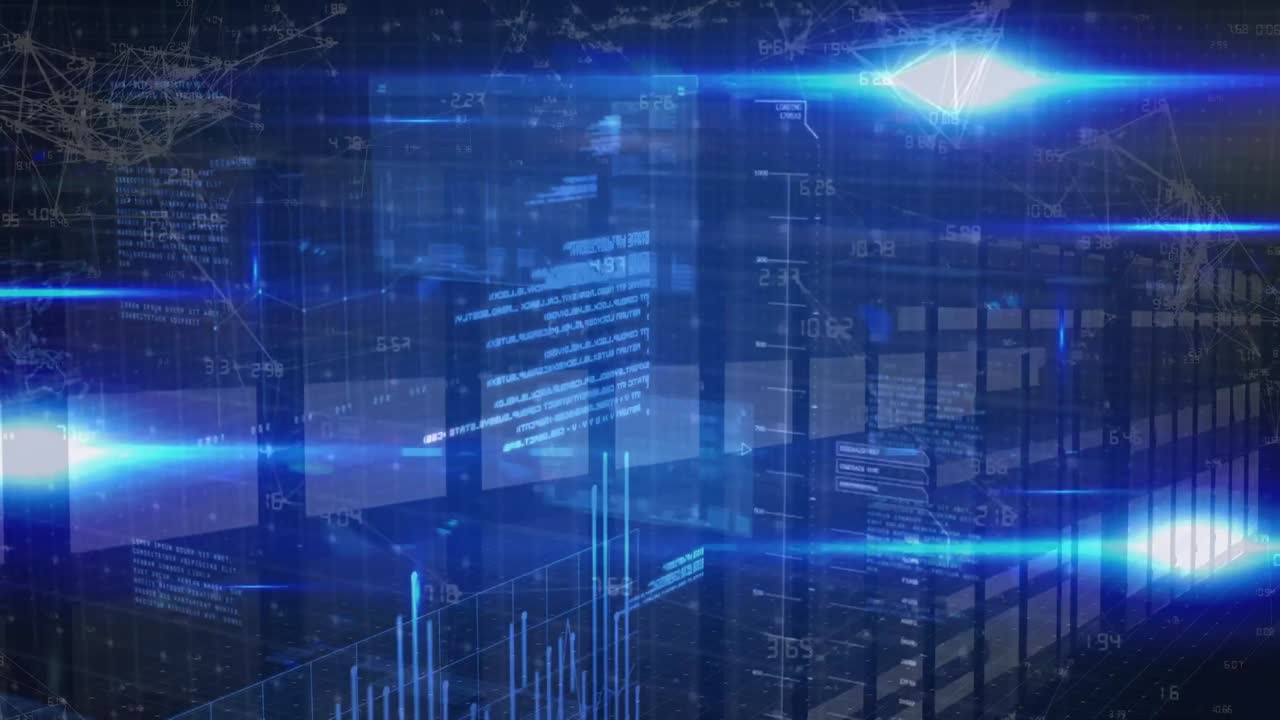 Animation of data processing and blue lights over servers